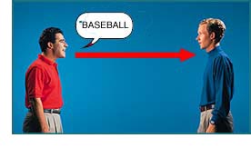Guy saying 'baseball' to another guy