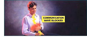 Man with a stomach ache and communication wave blocked